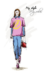 Beautiful young women in a pink blouse and blue trousers. Hand drawn fashion girl. Fashion model posing. Sketch. Vector illustration.