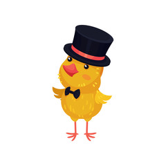 Little yellow chicken in the clothes of a gentleman. Vector illustration on white background.