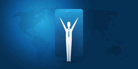  Successful Mobile Business Management Concept Design with Word Map and Happy Businessman, Vector Illustration