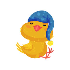 Little yellow cartoon chicken is sleeping while sitting. Vector illustration on white background.