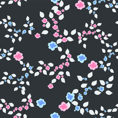 Seamless pattern with small flowers and leaves, endless floral print for fabric, Wallpaper, covers, surface, print, wrap, scrapbooking. Vector illustration
