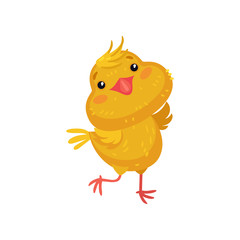 Little yellow cartoon chicken is coming. Vector illustration on white background.