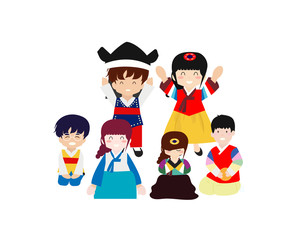 happy little kids with chuseok day or thanksgiving day illustration