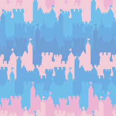 A seamless vector striped pattern with pink and blue castles. Surface print design. Great background for fairytale themed children designs.