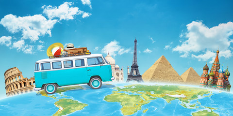 Old van travels across the world. Concept of travel and vacation around the world. World famous...