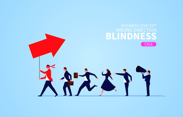 Blindfolded leaders lead the business people in the wrong direction
