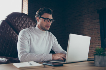 Portrait of his he attractive skilled focused concentrated shark it programmer specialist account economy economist analyst lawyer attorney at industrial loft style interior work place station