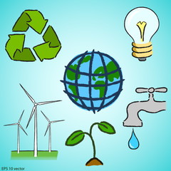 Set of hand drawn style ecology icons