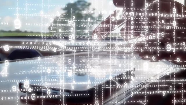 Using a phone in a data matrix.  Close up of a phone screen on a train table composited with a moving 3d data matrix. - Powered by Adobe