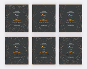 Golden polygonal lines frames on the black background. Luxury geometric design cards. Trendy templates for banner, flyer, poster, greeting, save the date, logo, wedding invitation