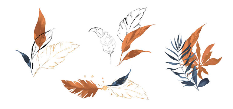  terracotta and navy blue watercolor  leaves. herbal illustration. Botanic tropic composition.  Exotic modern design