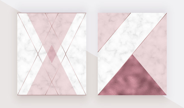 Marble geometric design cover with pink triangular, rose gold foil texture, polygonal lines. Modern background for wedding invitation, banner, card, flyer, poster, save the date