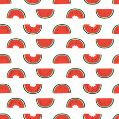 Hand drawn seamless vector pattern with watermelon slices, on a white background. Scandinavian style flat design. Concept for summer textile print, wallpaper, wrapping paper.
