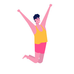 Man wearing swimsuit jumping on beach. Summer vacation concept. Vector illustration