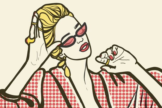 vintage illustration. girl with gold earrings and rings in the image of a diva