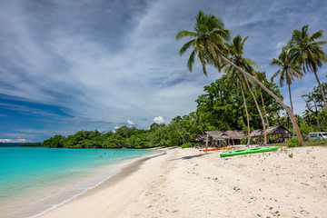 Port Orly sandy beach with palm trees, Espiritu Santo Island, Vanuatu.