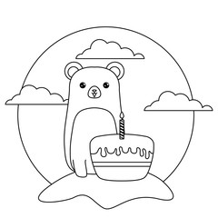 cute bear animal with cake of birthday in landscape
