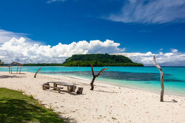 Port Orly sandy beach with palm trees, Espiritu Santo Island, Vanuatu.