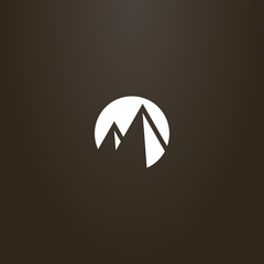 white sign on a black background. vector flat art negative space round sign of two mountain peaks