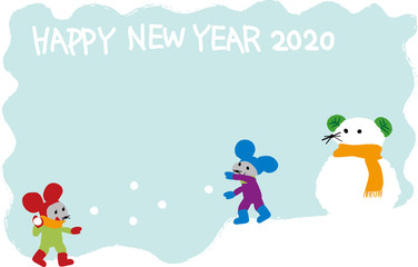 2020年　子年　年賀状　雪だるま　ネズミ