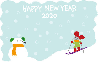 2020年　子年　年賀状　雪だるま　ネズミ