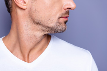 Cropped close up side profile photo amazing he him his middle age macho perfect ideal appearance...