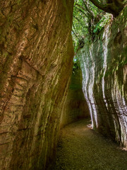 SOVANA, TUSCANY, ITALY - JUNE 16, 2019 - Via Cava, Cave ie deep cut paths created by Etruscan civilisation through tuff rock, Sovana in Maremma, Italy