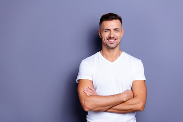 Close up photo amazing he him his middle age macho chief boss perfect ideal appearance easy-going reliable person look calm show white teeth bristle wear casual white t-shirt isolated grey background