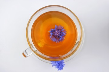 Herbal tea with blue cornflower in a glass cup on a white background, herbal medicine.