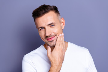 Close up photo amazing he him his middle age macho perfect ideal appearance look bath mirror show...