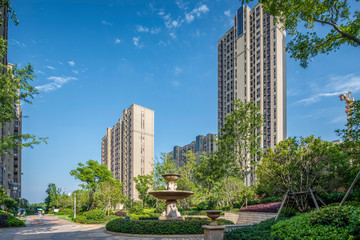 Garden Landscape and Green Lawn in Gardens of Modern High-rise Residential Quarters