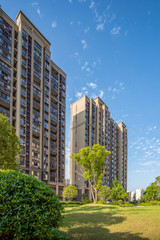 Garden Landscape and Green Lawn in Gardens of Modern High-rise Residential Quarters