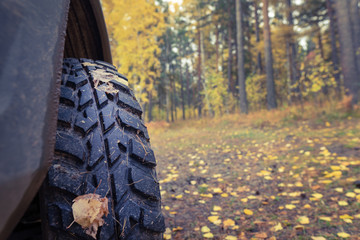 Fototapeta na wymiar mud tires, autumn background, travel. close up, copy space