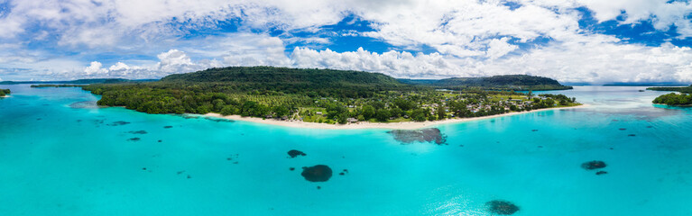 Port Orly sandy beach with palm trees, Espiritu Santo Island, Vanuatu.