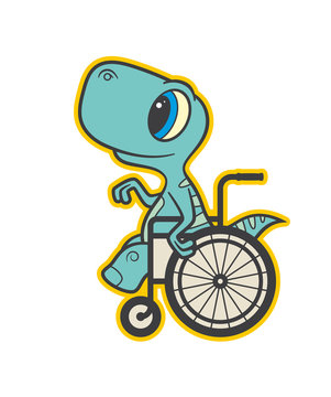 Vector colored sign sticker, baby dinosaur seat on wheelchair. Isolated on white background.