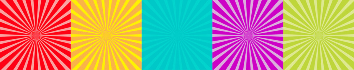 Sunburst set with ray of light. Template. Five abstract background set line. Flat design. Red, yellow, blue, violet, red color.