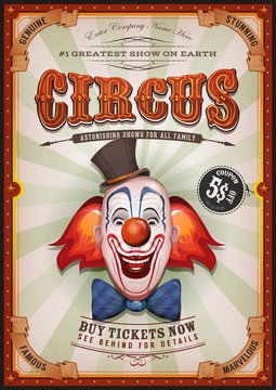 Vintage Circus Poster With Clown Head/ Illustration of retro and vintage circus poster background, with design clown face and grunge texture for arts festival events and entertainment background