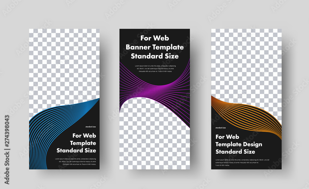 Poster Set of vector vertical black web banners with place for photo and color abstract lines.