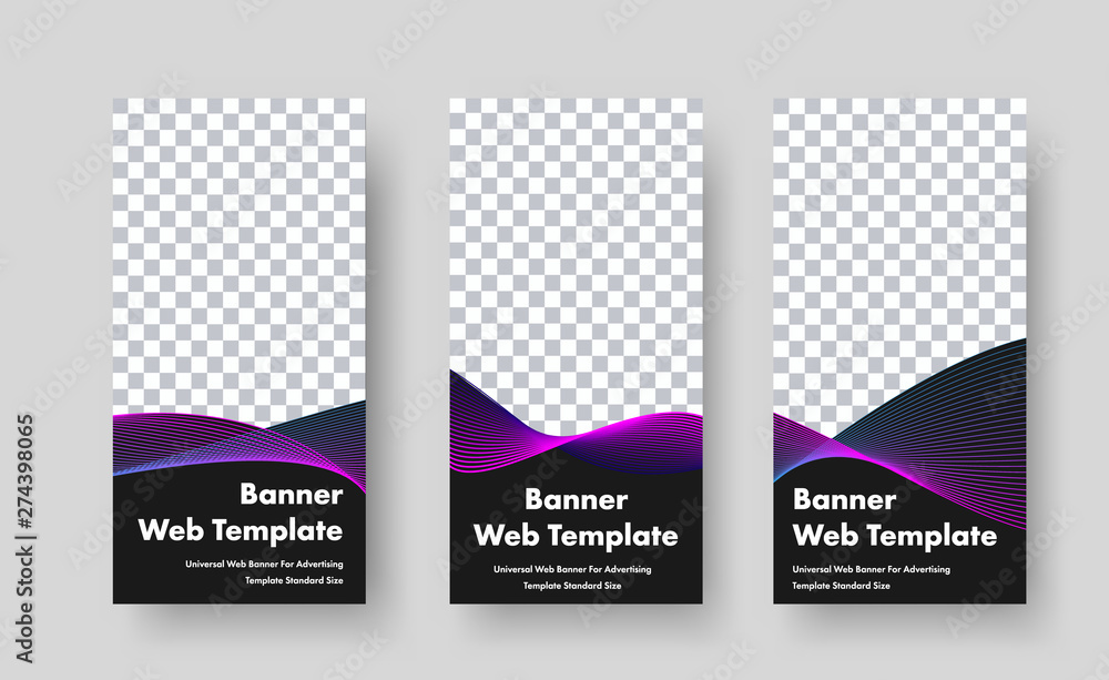 Poster design of vertical black web banners with place for photo and color intersecting abstract lines.