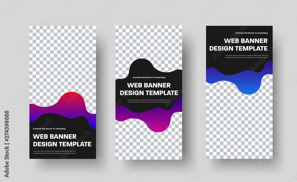 Poster Templates for vertical web banners with a black wavy shape for the header, and gradient design elements.
