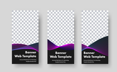 Design of vertical black web banners with place for photo and color intersecting abstract lines.