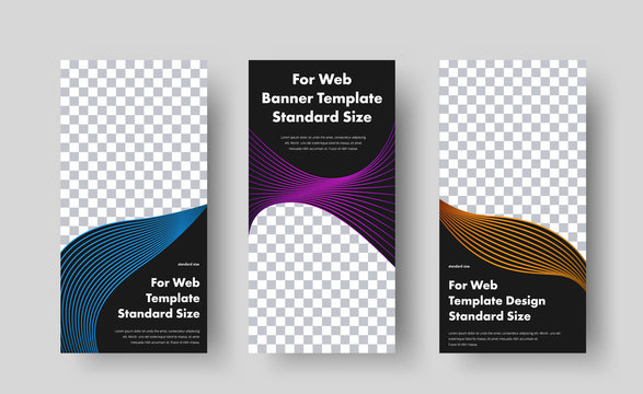 Set of vector vertical black web banners with place for photo and color abstract lines.