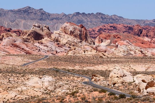 Coloured sandstone formations and Mouse's Tank Road, Valley of Fire State Park, Nevada, USA, North America