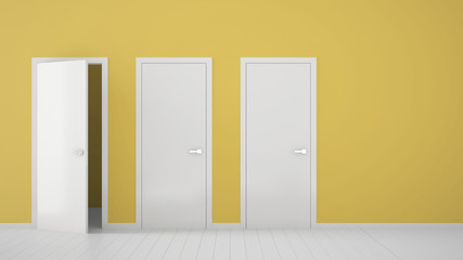 Empty yellow room interior design with closed and open doors with frame, door handles, wooden white floor. Choice, decision, selection, option concept idea with copy space