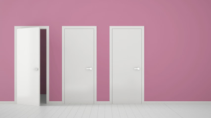 Empty pink room interior design with closed and open doors with frame, door handles, wooden white floor. Choice, decision, selection, option concept idea with copy space
