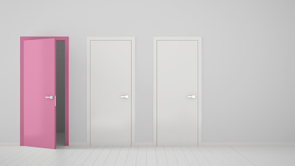 Empty room interior design with two white closed doors and one open pink door with frame, wooden white floor. Choice, decision, selection, option concept idea with copy space