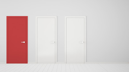 Empty white room interior design with closed doors with frame, one red door, wooden white floor. Choice, decision, selection, option concept idea with copy space