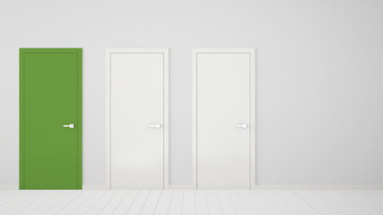 Empty white room interior design with closed doors with frame, one green door, wooden white floor. Choice, decision, selection, option concept idea with copy space