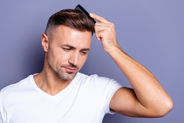 Close up photo amazing he him his middle age macho perfect appearance hands arms plastic hair...