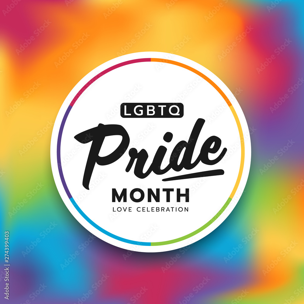 Poster lgbtq pride month circle banner text on abstract colorful rainbow blur background style vector desig